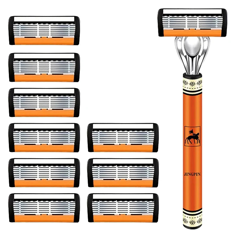 6-Layer Stainless Steel Safety Razor Set for Men - Replaceable Blade Head, Manual Shaving