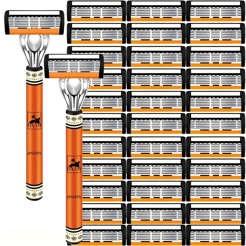 6-Layer Stainless Steel Safety Razor Set for Men - Replaceable Blade Head, Manual Shaving