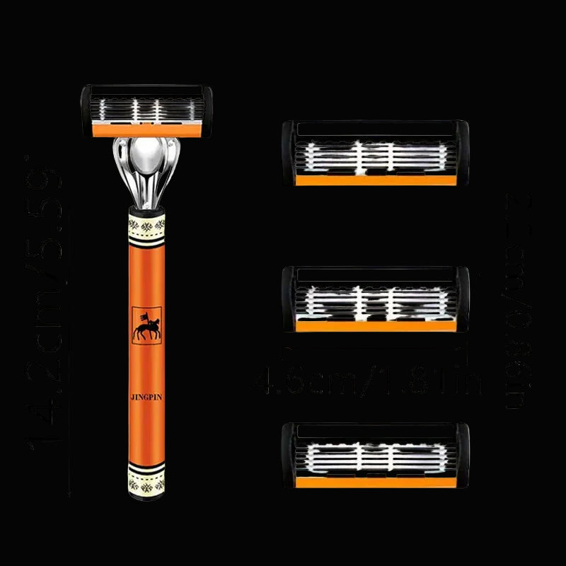 6-Layer Stainless Steel Safety Razor Set for Men - Replaceable Blade Head, Manual Shaving
