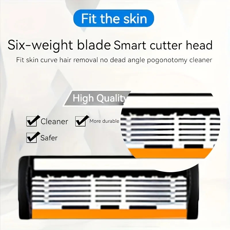 6-Layer Stainless Steel Safety Razor Set for Men - Replaceable Blade Head, Manual Shaving