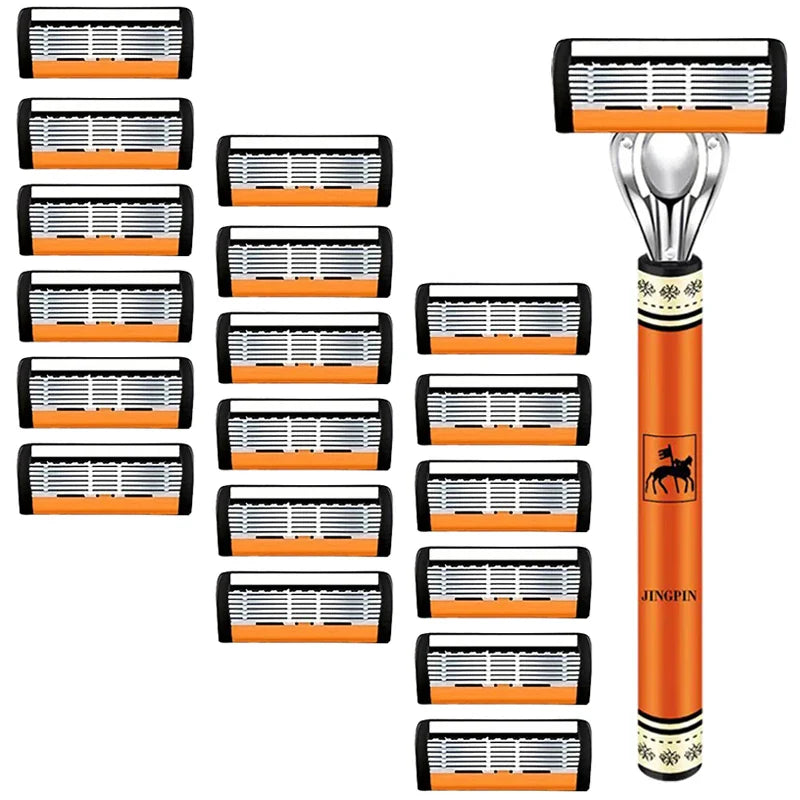 6-Layer Stainless Steel Safety Razor Set for Men - Replaceable Blade Head, Manual Shaving
